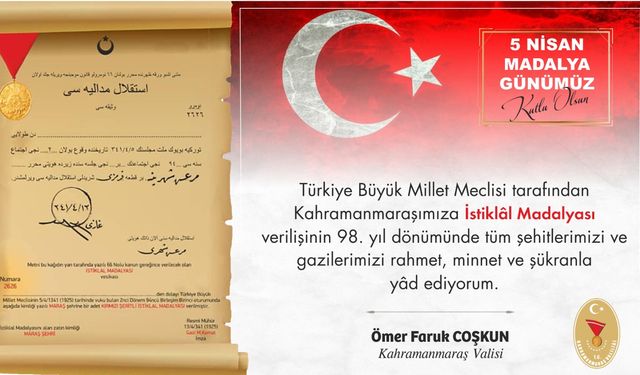 Vali Coşkun’dan İstiklal Madalyası Günü Mesajı