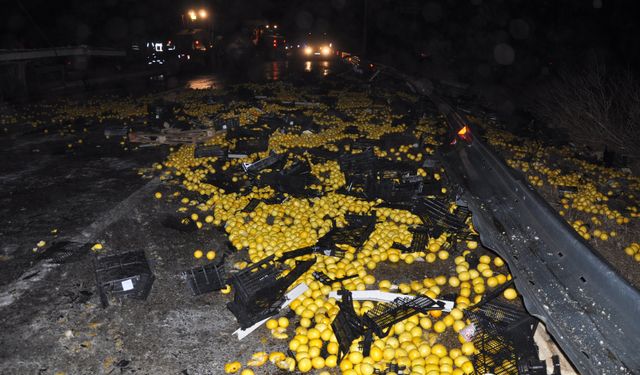 Silifke'de Tır kamyona çarptı, 40 ton limon yola savruldu