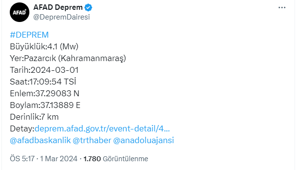 Kahramanmaras Ta 4 1 Buyuklugunde Deprem Meydana 16903273 7989 M