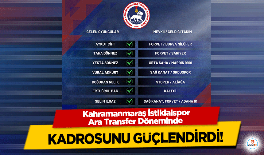 Kahramanmaraş İstiklalspor Ara Transfer Döneminde kadrosunu güçlendirdi